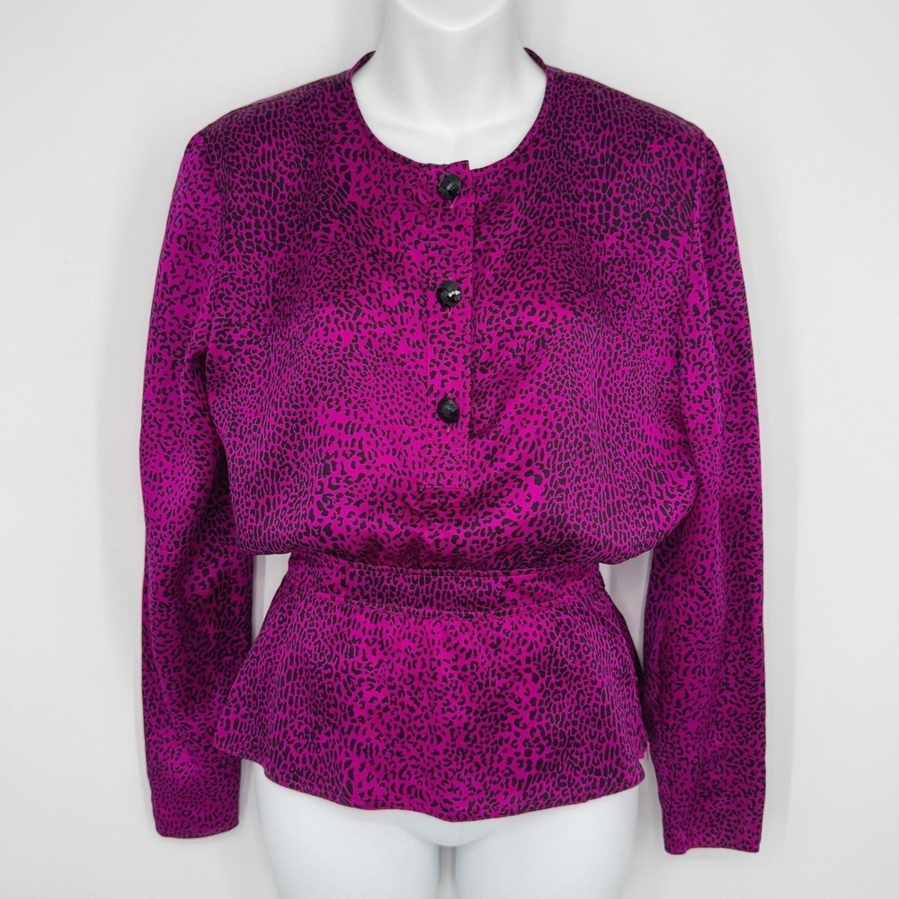 Vintage Valentino Miss V Silk Peplum Top 38 Pink Animal Print Italian Designer‎